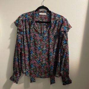 Mango pink blue green floral 70s ruffle blouse 6